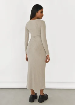 Robes^Outfitbook Robe mi-longue côtelée fendue BEIGE