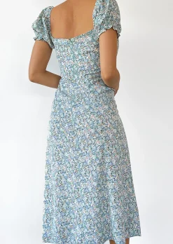 Robes^Outfitbook Robe mi-longue fendue bleu fleurie