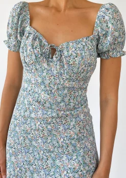 Robes^Outfitbook Robe mi-longue fendue bleu fleurie
