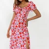 Robes^Outfitbook Robe mi-longue fendue rose fleurie