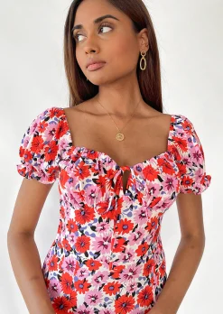 Robes^Outfitbook Robe mi-longue fendue rose fleurie