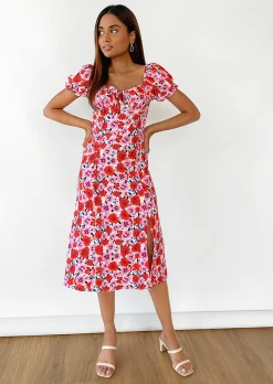 Robes^Outfitbook Robe mi-longue fendue rose fleurie