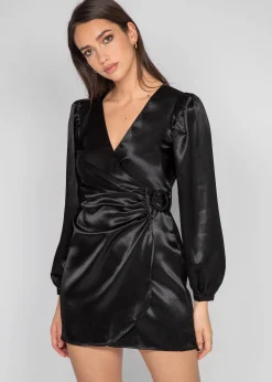 Robes^Outfitbook Robe noir en satin drapé BLACK