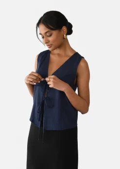 Hauts^Outfitbook Top à nouer en lin mélangé bleu