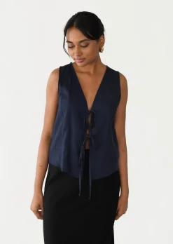 Hauts^Outfitbook Top à nouer en lin mélangé bleu