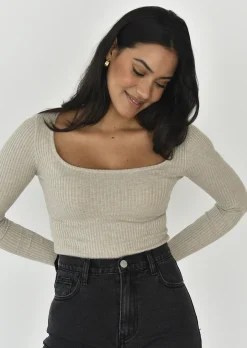 Hauts^Outfitbook Top côtelé à encolure carrée BEIGE
