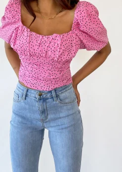 Hauts^Outfitbook Top manches bouffantes à pois ROSE
