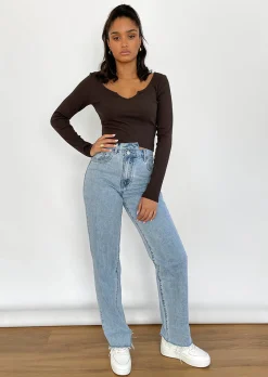Hauts^Outfitbook Top manches longues avec encolure crantée MARRON