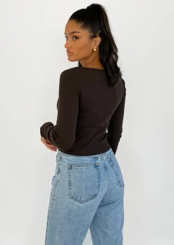 Hauts^Outfitbook Top manches longues avec encolure crantée MARRON