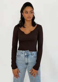 Hauts^Outfitbook Top manches longues avec encolure crantée MARRON