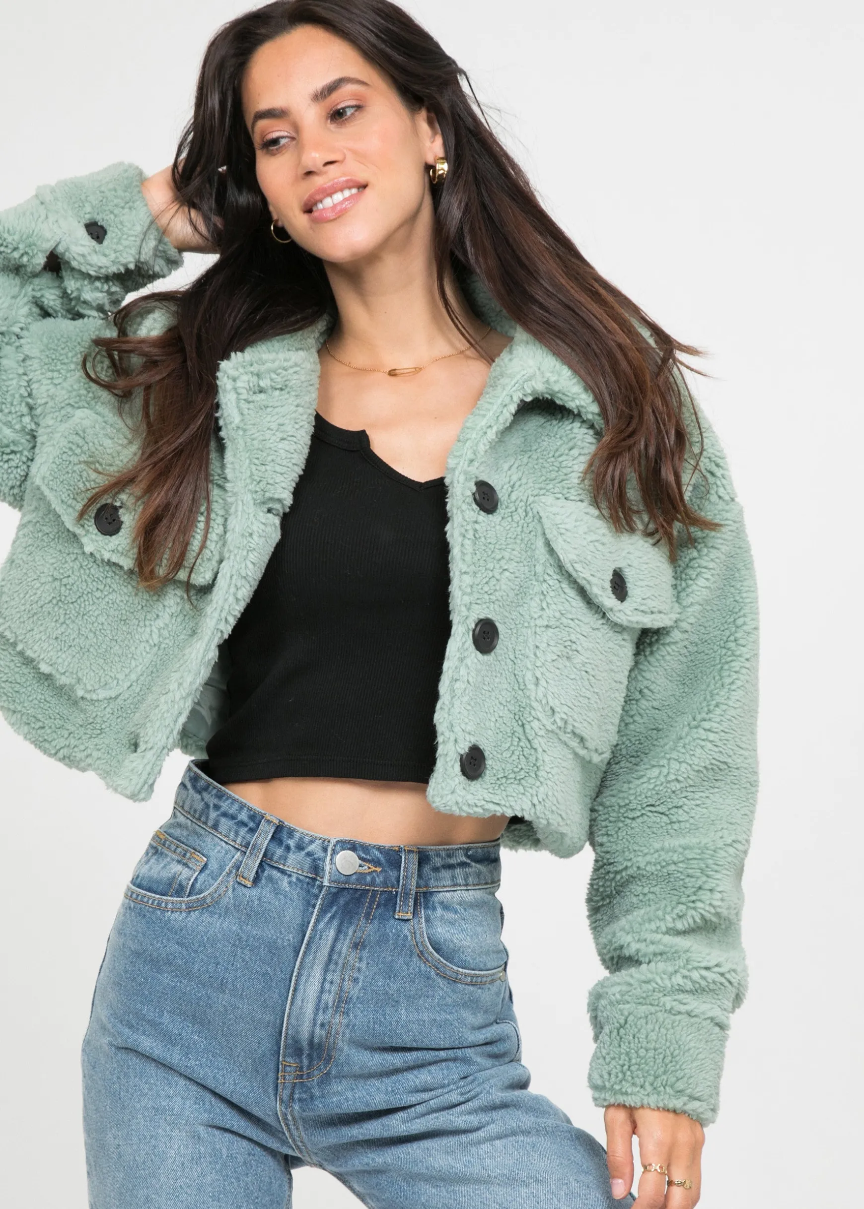 Vestes L Manteaux^Outfitbook Veste courte en imitation peau de mouton VERTE